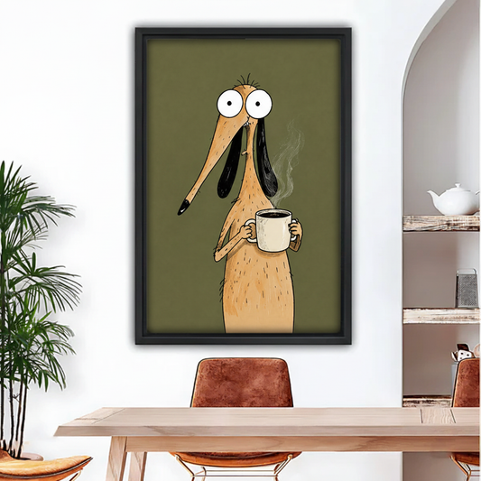 Framed cartoon coffee dog canvas wall art with black frame on white wall