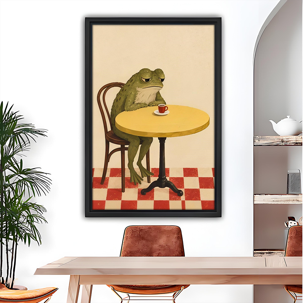 Black-framed coffee frog canvas wall art with a yellow café table above a wooden dining table.