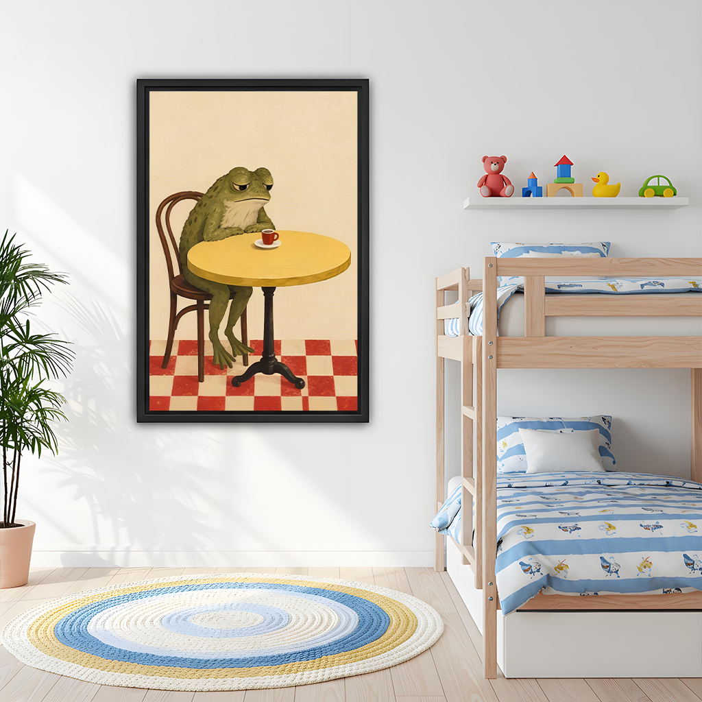 Black-framed coffee frog canvas wall art beside wooden bunk beds and a shelf of colorful toys.