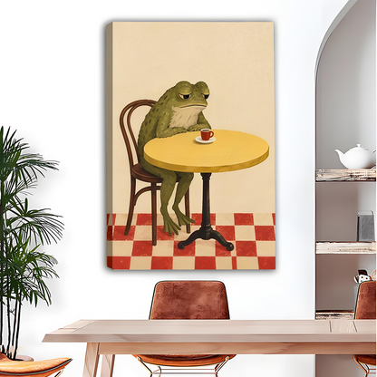 Framed whimsical coffee frog canvas wall art above a gray sofa with blue and white pillows.