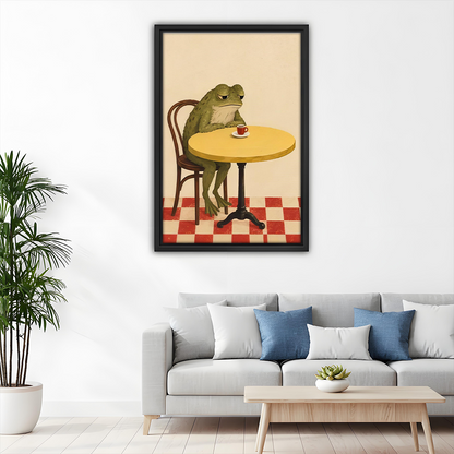 Unframed coffee frog canvas wall art featuring a red cup and checkered floor above a dining table.