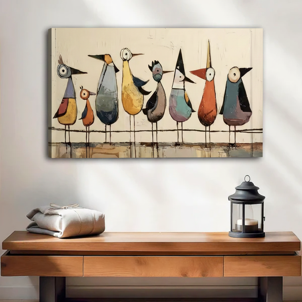 Colorful abstract birds folk art frameless canvas wall art, seven quirky birds in blue yellow orange and purple on cream background, gallery wrap home decor