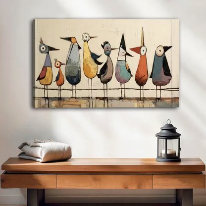 Colorful abstract birds folk art frameless canvas wall art, seven quirky birds in blue yellow orange and purple on cream background, gallery wrap home decor