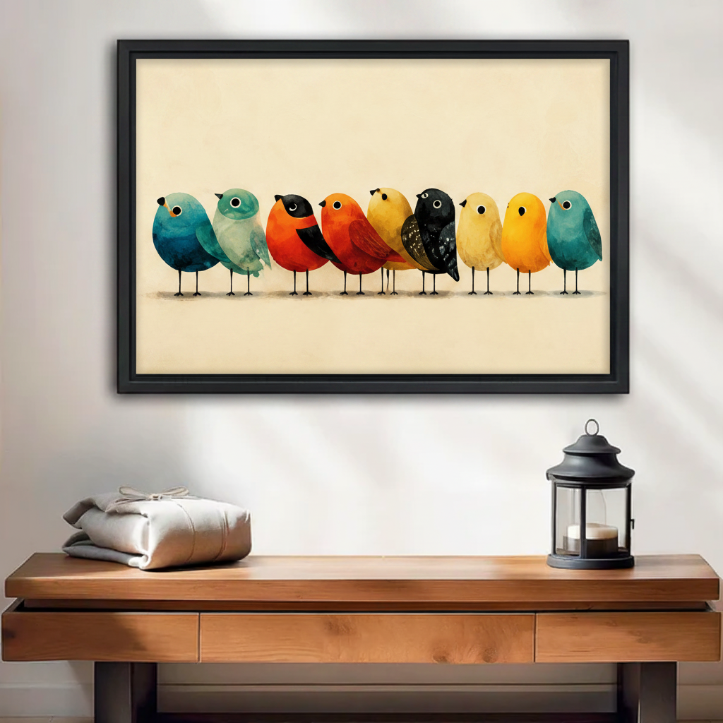 Funny colorful bird lineup black framed canvas wall art above wooden console table with lantern entryway
