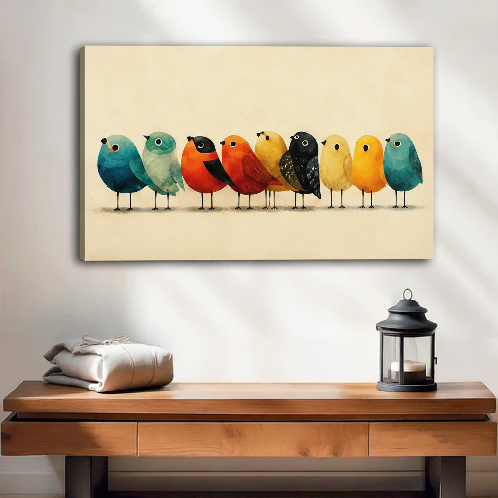 Colorful bird lineup gallery wrap canvas no frame above wooden entryway console table with lantern