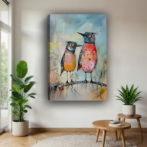 Colorful whimsical bird pair canvas art print hung on white wall without frame