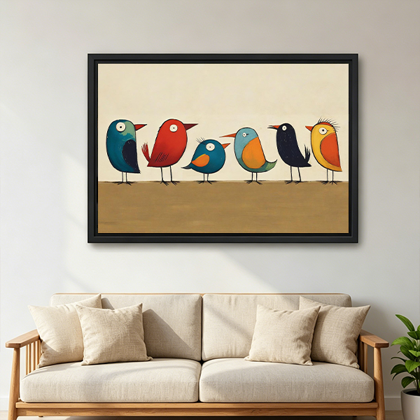 Folk art colorful birds canvas wall art without an outer frame above a wooden console beside a black lantern.