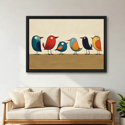 Folk art colorful birds canvas wall art without an outer frame above a wooden console beside a black lantern.