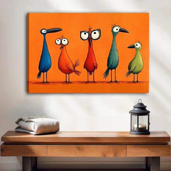 Framed colorful birds canvas wall art with five quirky birds hangs above a white bed.
