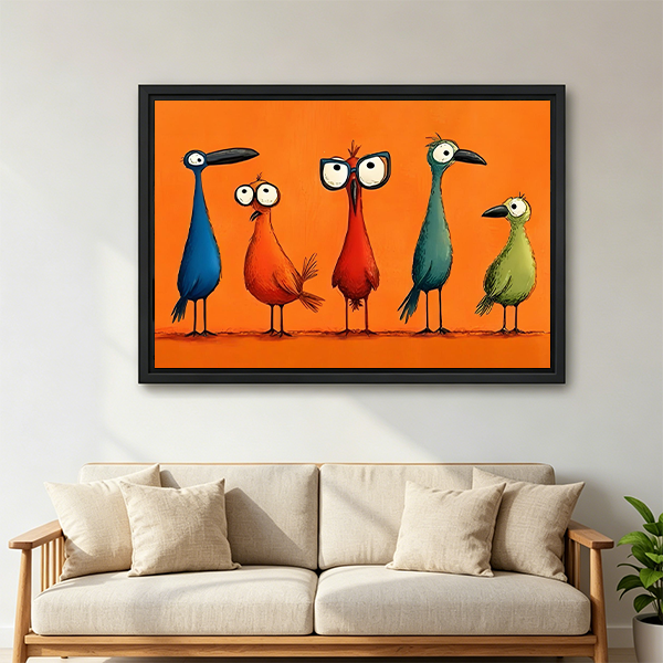 Framed colorful birds canvas wall art shows five expressive birds above a wooden console and black lantern.