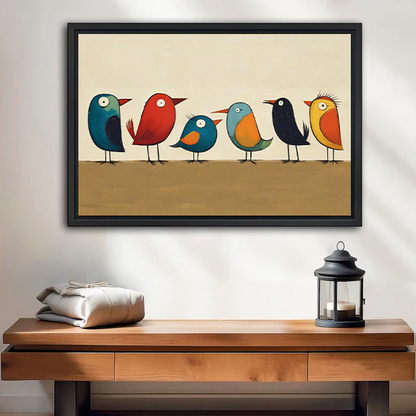 Woman holding framed colorful birds canvas wall art featuring six quirky folk art birds against a cream background.