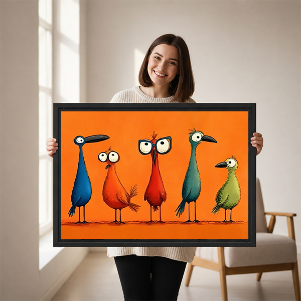 Woman holds framed colorful birds canvas wall art featuring five wide-eyed birds on vivid orange.