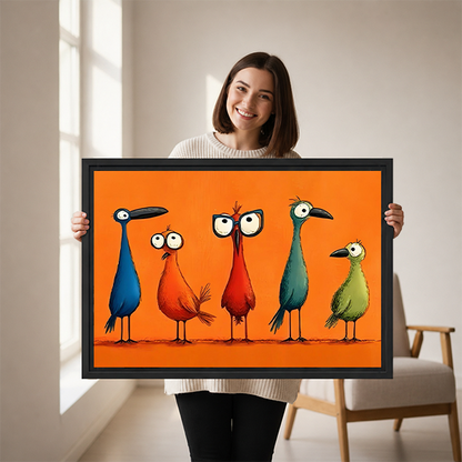Woman holds framed colorful birds canvas wall art featuring five wide-eyed birds on vivid orange.