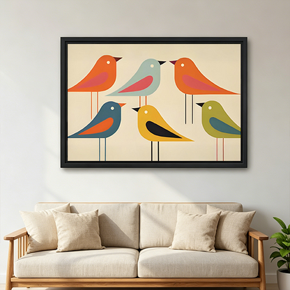 Black-framed colorful birds canvas wall art above a wooden console with folded blankets and a black lantern.