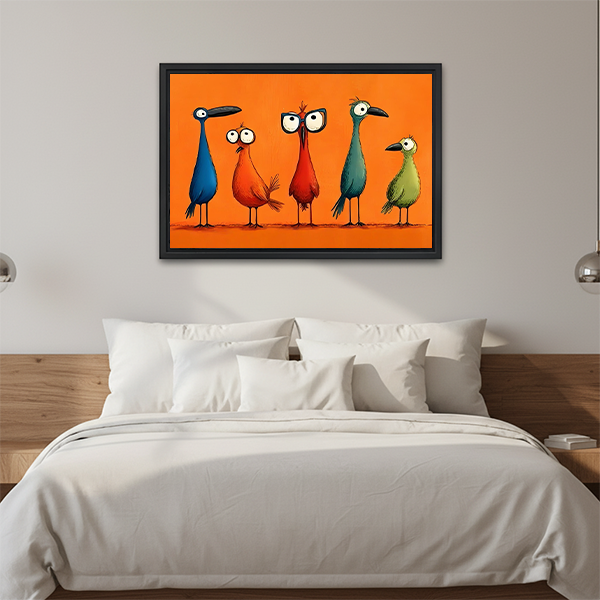 Framed colorful birds canvas wall art with bright orange backdrop hangs above a cream living room sofa.