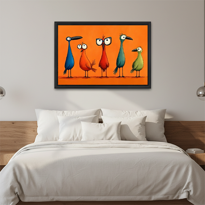 Framed colorful birds canvas wall art with bright orange backdrop hangs above a cream living room sofa.