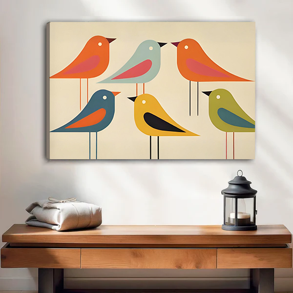 Gallery-wrap colorful birds canvas wall art with retro orange and teal shapes above a wooden console.