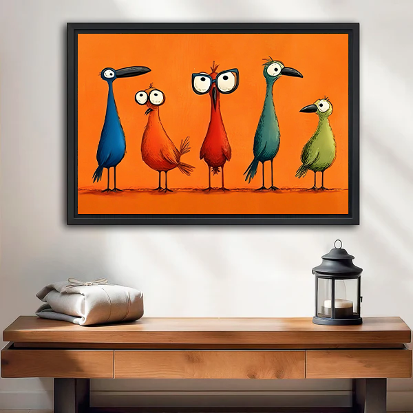 Gallery-wrap colorful birds canvas wall art on an orange background displayed above a wooden console and lantern.