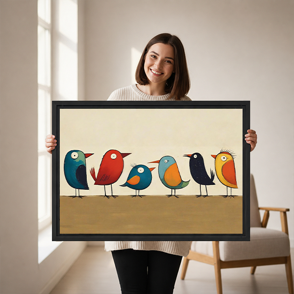 Framed colorful birds canvas wall art above white bedding and a wooden headboard in a neutral bedroom.