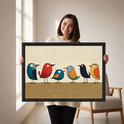 Framed colorful birds canvas wall art above white bedding and a wooden headboard in a neutral bedroom.