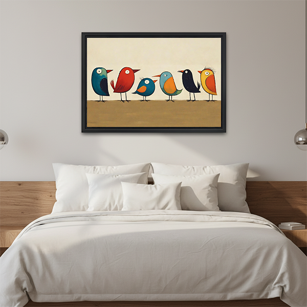 Whimsical colorful birds canvas wall art in a black frame above a cream sofa with wooden arms.