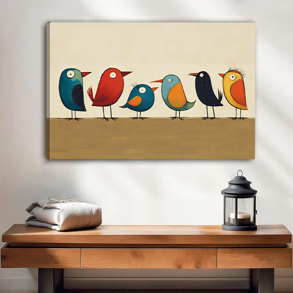 Black framed colorful birds canvas wall art above a wooden console with folded blankets and a black lantern.