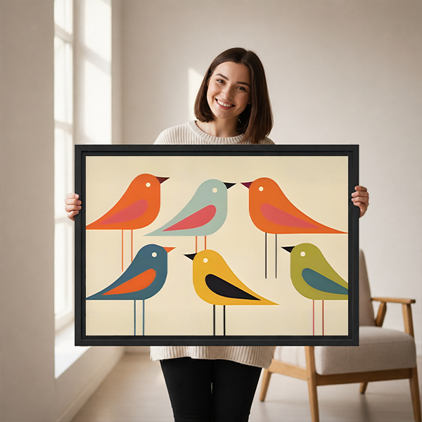 Woman holding framed colorful birds canvas wall art featuring six stylized birds against a warm cream background.