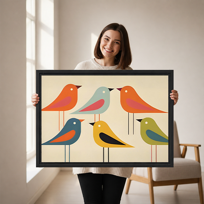 Woman holding framed colorful birds canvas wall art featuring six stylized birds against a warm cream background.