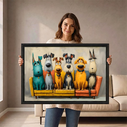 Woman holding colorful cartoon dogs framed canvas wall art showing size reference in living room