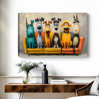 Whimsical cartoon dogs on colorful sofa canvas art print displayed on wall without frame