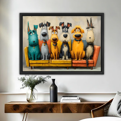 Colorful cartoon dogs on sofa framed canvas wall art with black float frame above console table