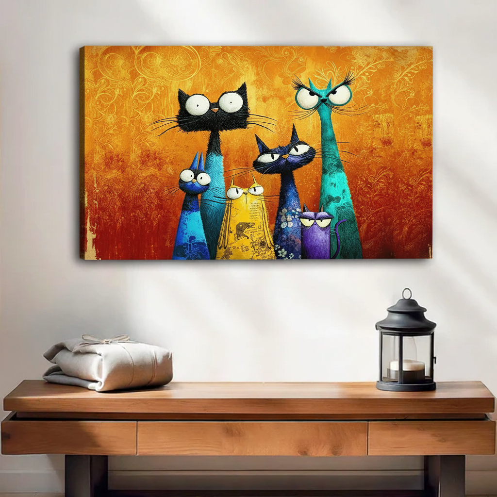 Unframed canvas print of six quirky colorful cats in blue teal yellow and purple tones against a warm amber abstract background, above a wooden console