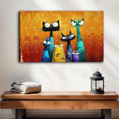 Unframed canvas print of six quirky colorful cats in blue teal yellow and purple tones against a warm amber abstract background, above a wooden console