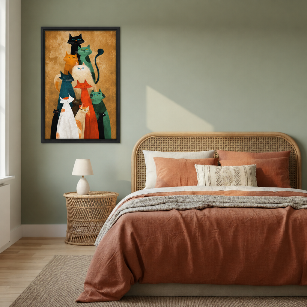 Colorful cat family wall art in a black frame displayed above the bed in a warm bedroom.