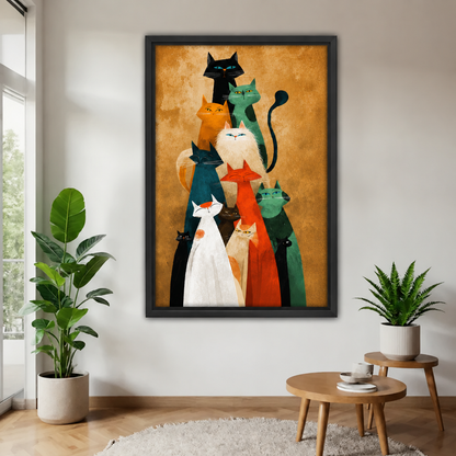 Colorful cat family wall art in a black frame above a round table in a bright living room.