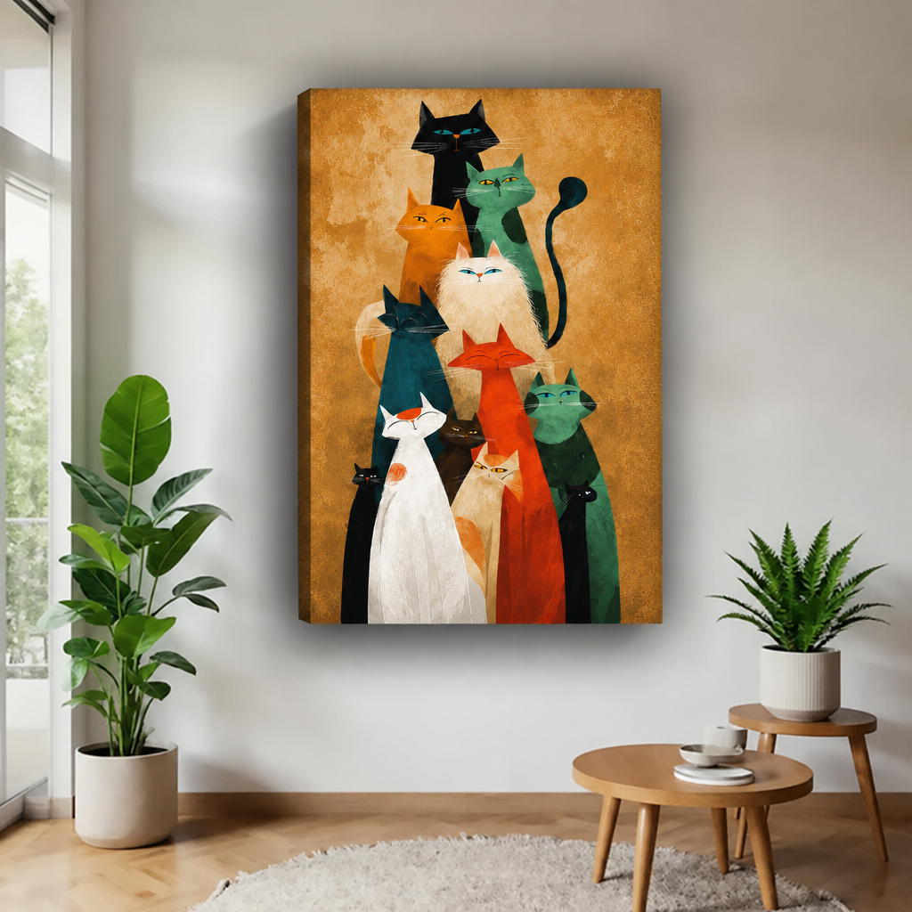 Gallery-wrap colorful cat family wall art featuring playful black, white, teal, and orange cats on a golden background.