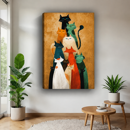 Gallery-wrap colorful cat family wall art featuring playful black, white, teal, and orange cats on a golden background.