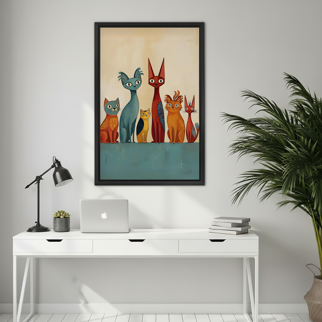 Mid-Century Cat Family Canvas Wall Art | Framed & Unframed l4431