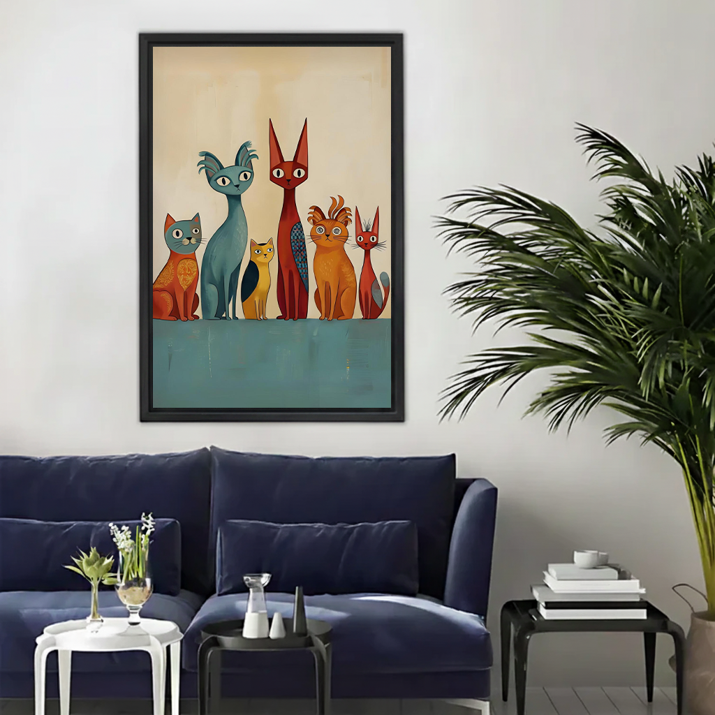 Mid-Century Cat Family Canvas Wall Art | Framed & Unframed l4431