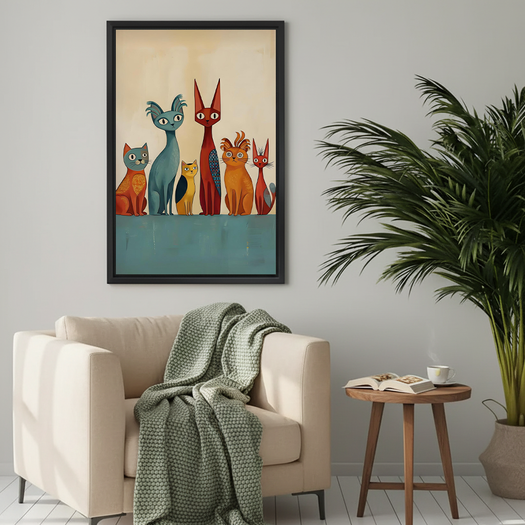 Mid-Century Cat Family Canvas Wall Art | Framed & Unframed l4431