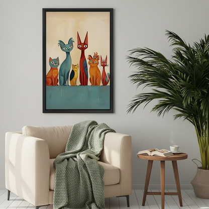 Mid-Century Cat Family Canvas Wall Art | Framed & Unframed l4431