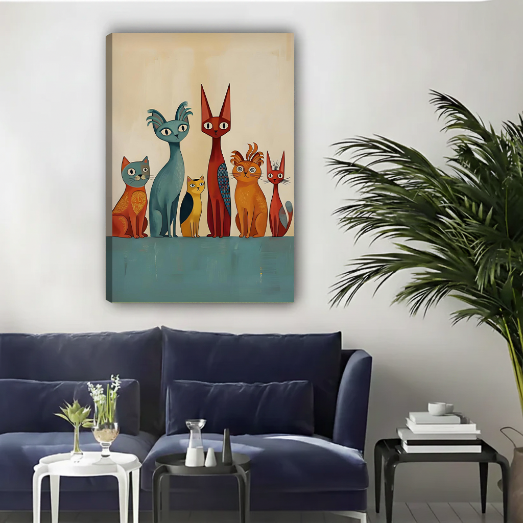 Mid-Century Cat Family Canvas Wall Art | Framed & Unframed l4431