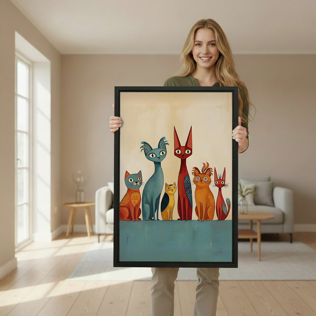 Mid-Century Cat Family Canvas Wall Art | Framed & Unframed l4431