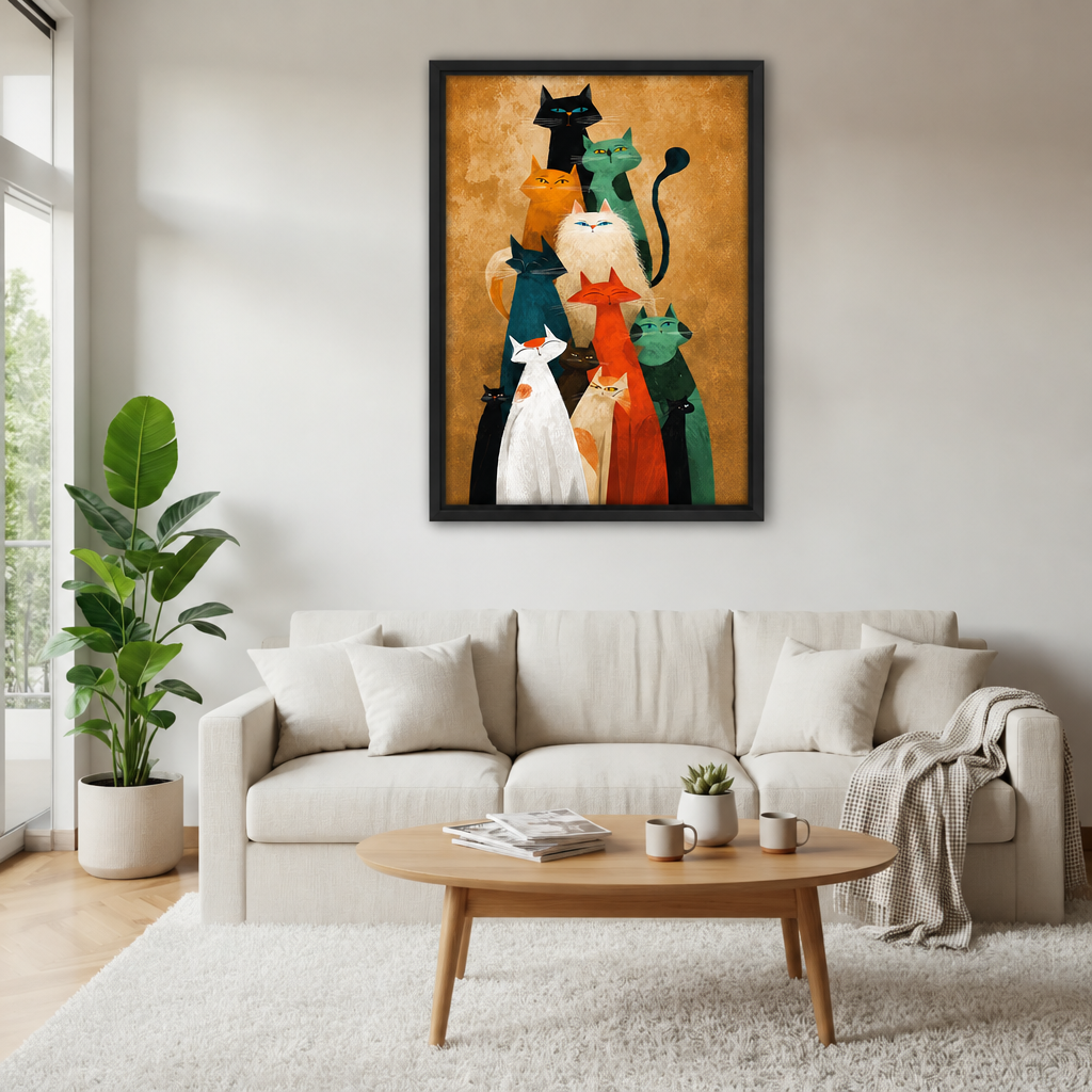Framed colorful cat family wall art displayed above a white sofa in a bright neutral living room.