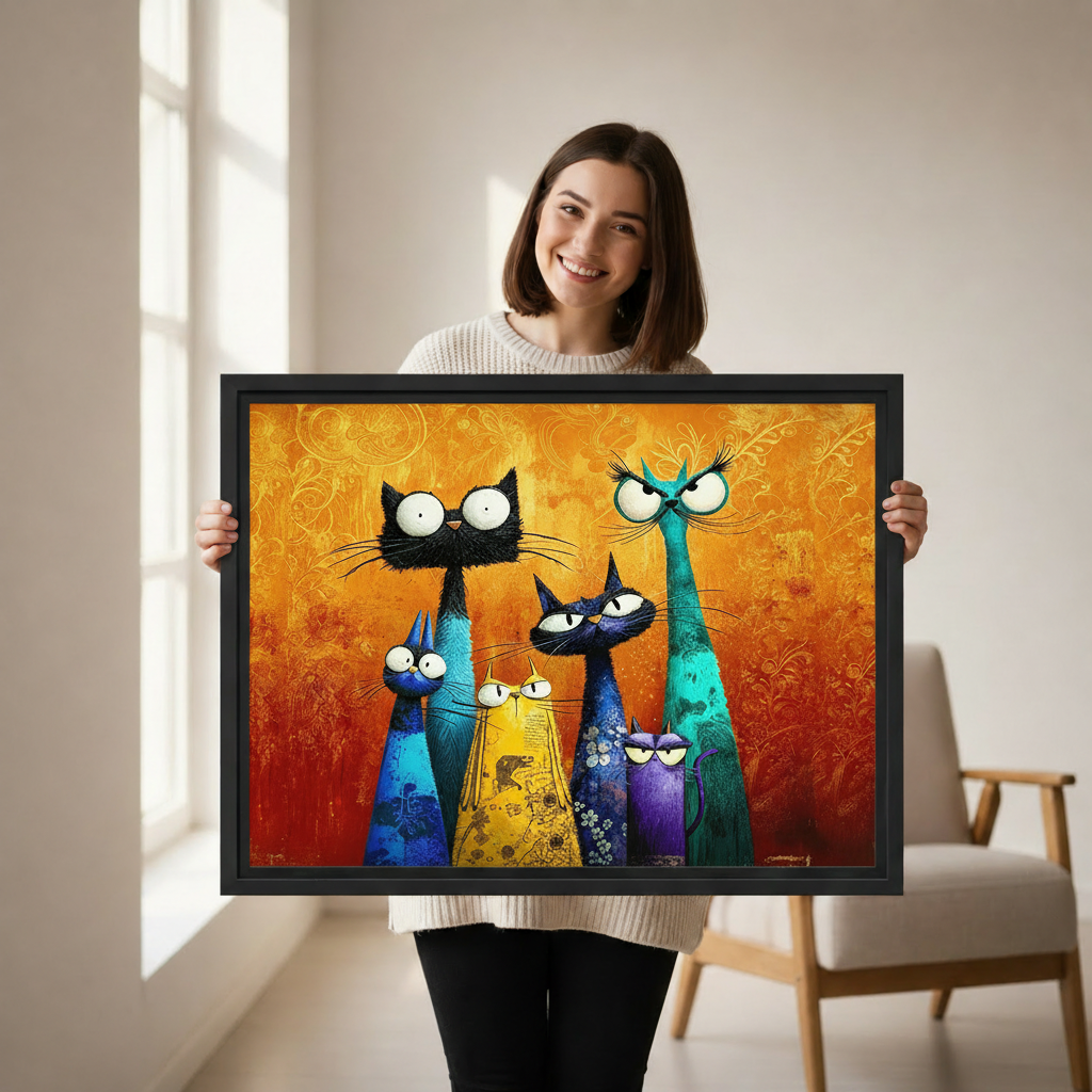 Smiling woman holding a large framed colorful cat wall art print showing size reference, vibrant whimsical illustration on warm golden orange background