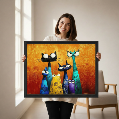 Smiling woman holding a large framed colorful cat wall art print showing size reference, vibrant whimsical illustration on warm golden orange background