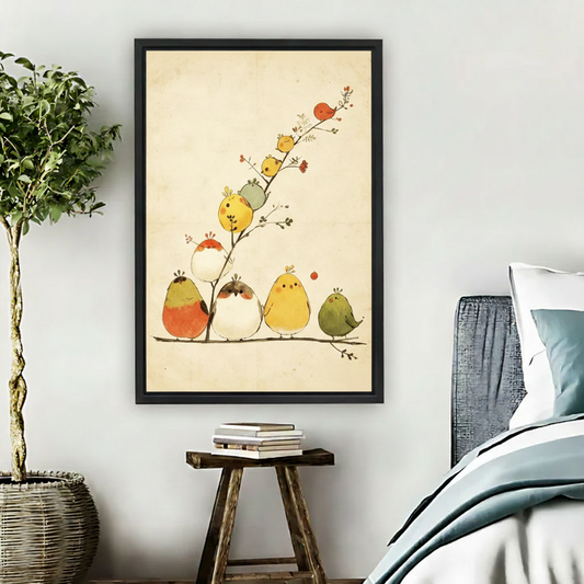 Large black framed art print of whimsical chubby birds perched on a tall branch, hung on a bedroom wall beside a wooden stool and potted plant