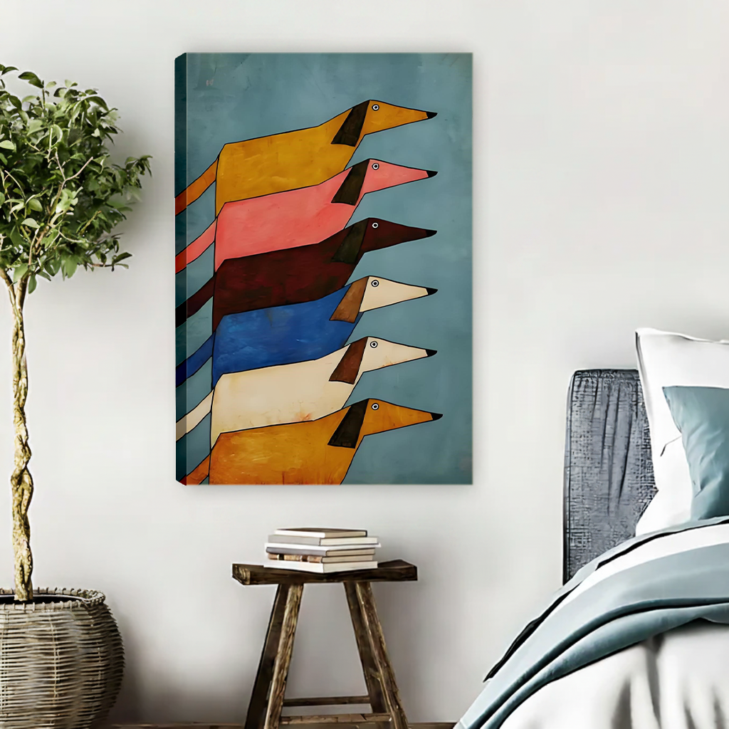 Unframed stacked dachshunds colorful folk art canvas print hanging in modern bedroom with plant and blue bedding
