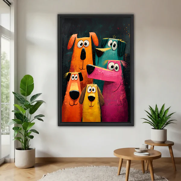 Gallery-wrap colorful dogs canvas wall art featuring five bright pups above a table in a living room.