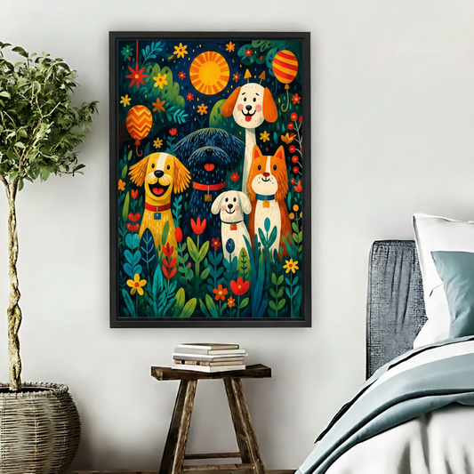 Colorful dog garden party framed canvas wall art hanging above sofa in bright living room